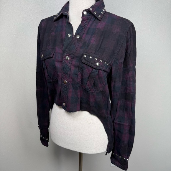 RILEY 1880‎ Crop Plaid Flannel Snap Up Shirt XS/S Bling Purple Western Grunge - Picture 3 of 17